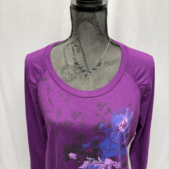 Faded Glory Purple Long Sleeve Floral Top Womens Size Large 12-14 Comfy Casual - Picture 2 of 8